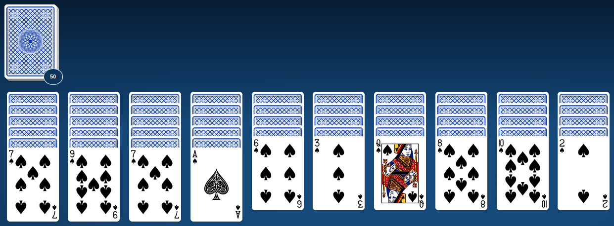 Example of a Spider Solitaire game with cards arranged across ten tableau columns