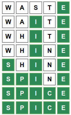 Completed word ladder puzzle showing the solution